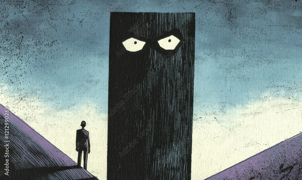 Poster surreal illustration of human reflection facing a mysterious shadow with introspective gaze in a con