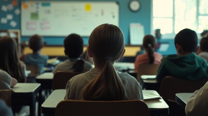 Fototapeta premium A group of students sits at their desks, focused on their teacher at the front of the classroom. The sunlight streams through the windows, creating an inviting atmosphere for learning