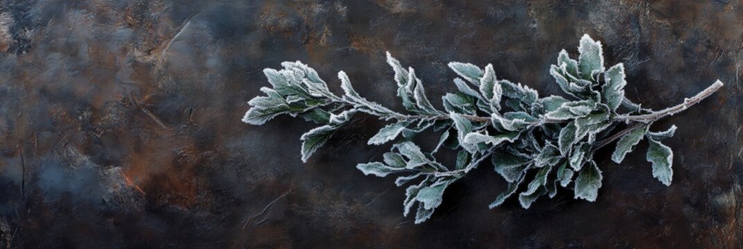 Frosty Evergreen Sprig with Intricate Dappled Texture on Dark Background - Powered by Adobe