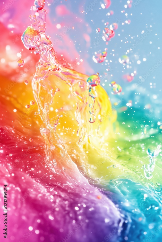 Poster colorful water splash with vibrant rainbow hues and sparkling droplets creating a mesmerizing visual