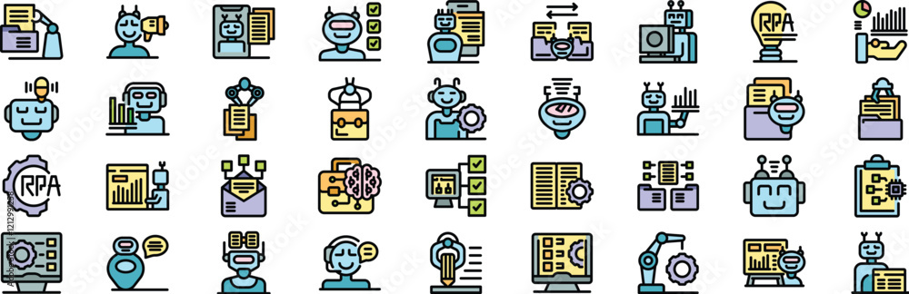 Poster icons depicting various aspects of robotic process automation - rpa - , including bots handling docu