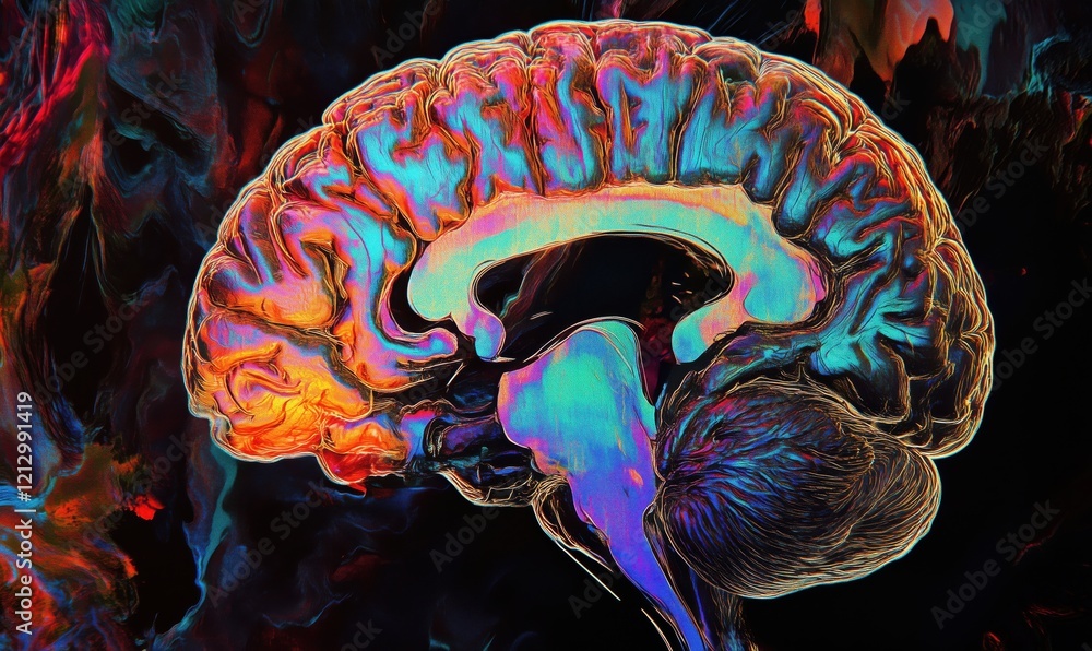 Poster colorful abstract representation of human brain showcasing neural connections and vibrant patterns, 