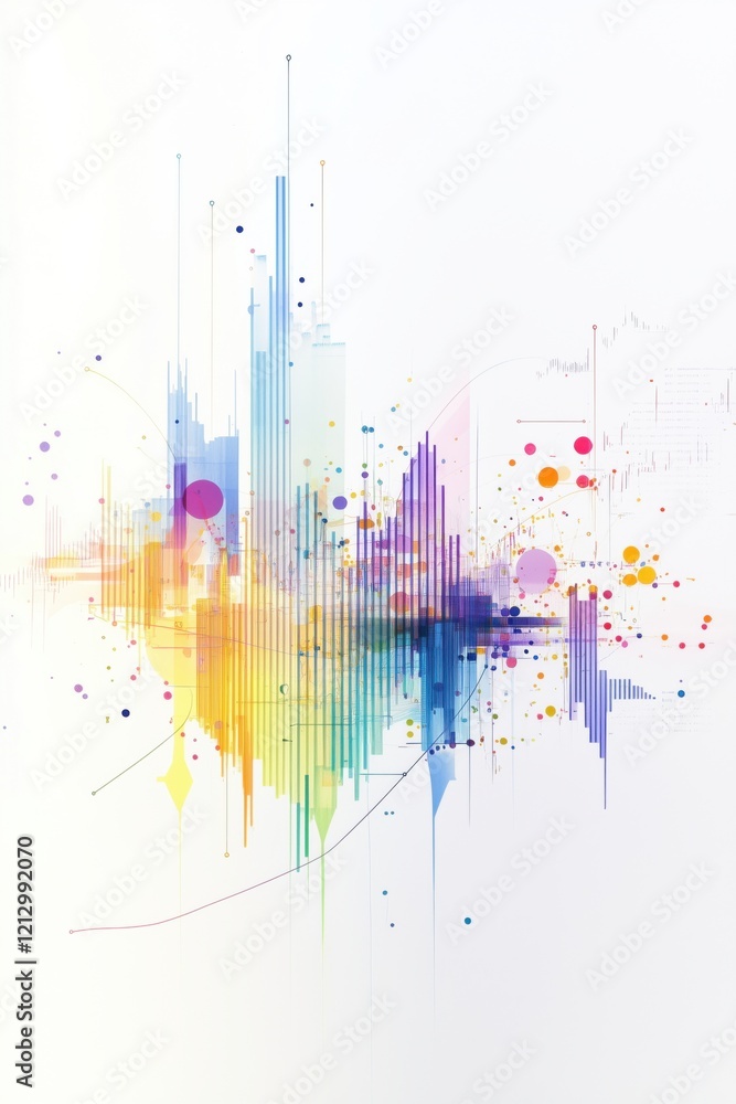 Poster colorful abstract sound wave visualization with vibrant gradients and geometric shapes representing 