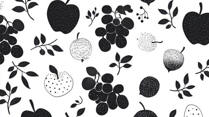 Whimsical Black and White Pattern of Apples and Grapes, Digital Artwork, Modern Design, Flat Layout, Artistic Concept