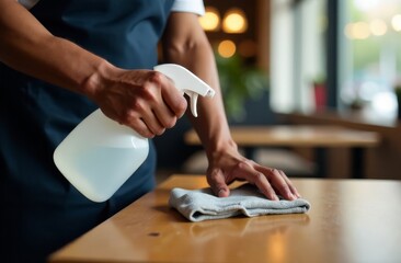 Fototapeta premium Close-up of an African American cafe employee cleaning a table with a disinfectant solution in a cafe for the safety of visitors, guests