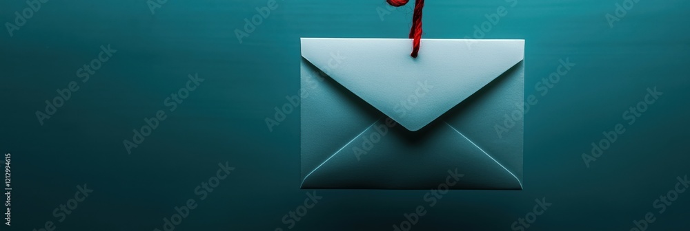 Poster hanging white envelope with red string against teal background, symbolizing communication and corres