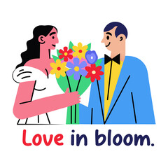 A flat sticker of wedding couple sticker with love in bloom typography