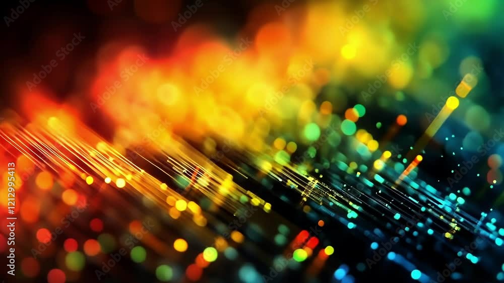 Poster complex data streams are flowing and creating a colorful gradient from red to green, with a bokeh ef