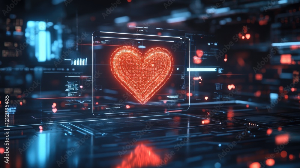 Poster digital love heart on futuristic display with abstract background in sci-fi theme