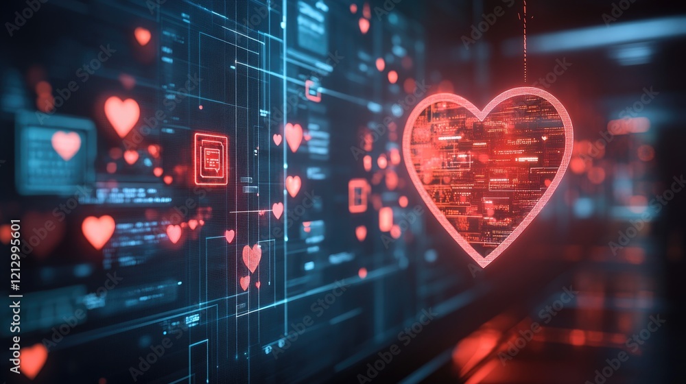 Poster digital heart network with glowing lines and icons concept of online love and connection