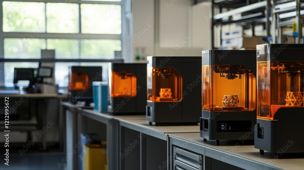 Poster a photograph of a high-tech factory using 3d printers to create parts, with the machines in action.