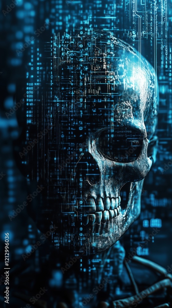 Aufkleber digital skull with binary code overlay, futuristic cybernetic design, merging human anatomy and tech
