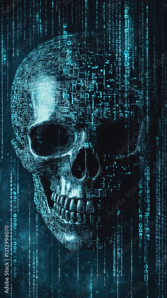 Poster digital skull with binary code background, futuristic cybernetic design, glowing blue and black aest