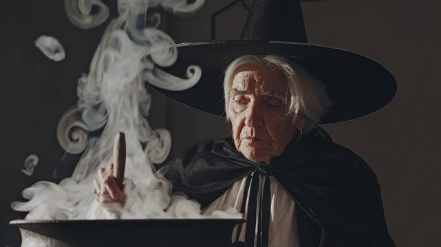 Witch preparing potion in a smoky kitchen at dusk
