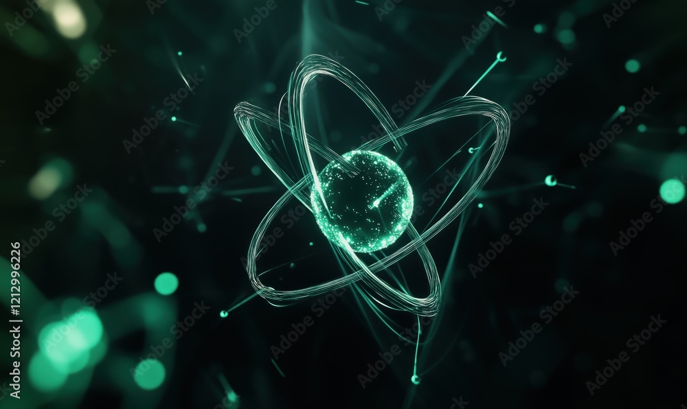 Poster atomic structure representation with glowing nucleus and orbiting electrons, showcasing scientific c