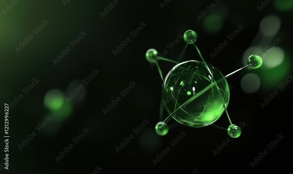 Poster green atom model with electrons orbiting nucleus, abstract representation of atomic structure, scien