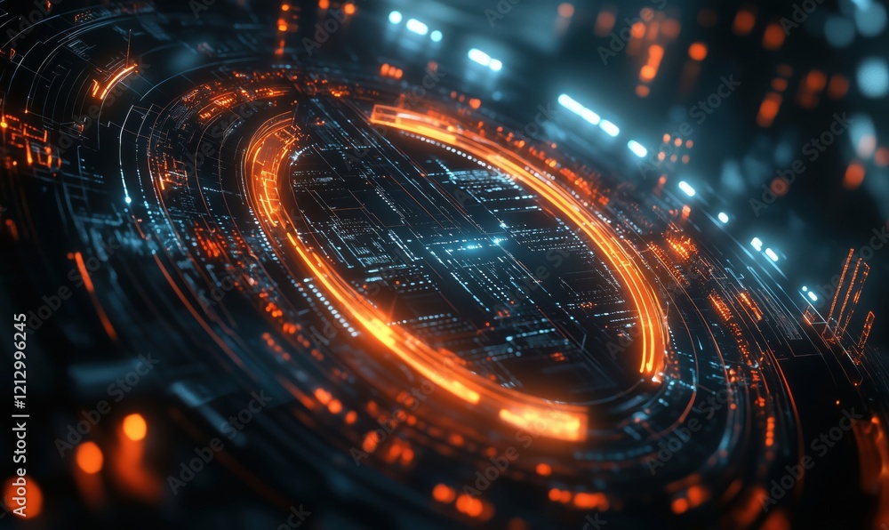 Poster futuristic digital interface with glowing orange and blue circular patterns, intricate circuitry, an