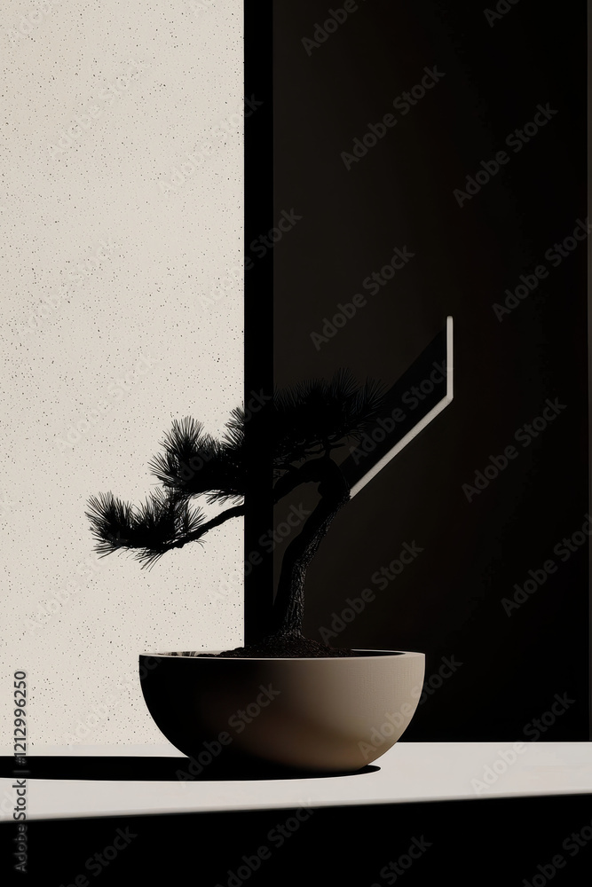 Poster elegant bonsai tree in minimalist setting capturing shadows and serenity with artistic flair for mod