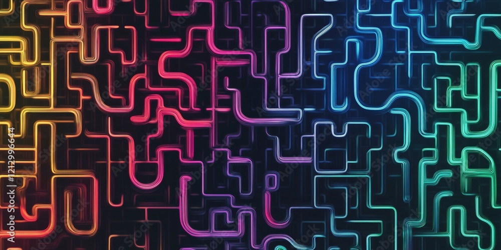 Poster colorful abstract maze of neon lines creating intricate patterns and shapes, showcasing vibrant hues