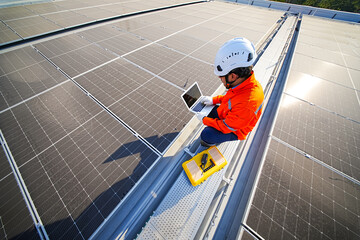 Engineer inspecting solar panels on a rooftop while using a laptop during daylight hours