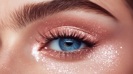 Obraz premium The woman’s eye sparkles with pink glitter makeup, her flawless lashes framing a striking blue iris that radiates beauty and charm.