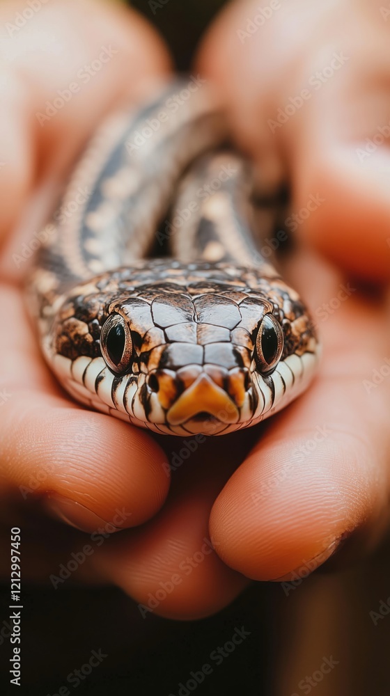 Poster close-up of a snake held in hands, showcasing intricate patterns and textures of its scales, highlig