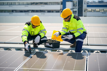 Solar panel installation and maintenance work on a rooftop in an urban area during daylight hours