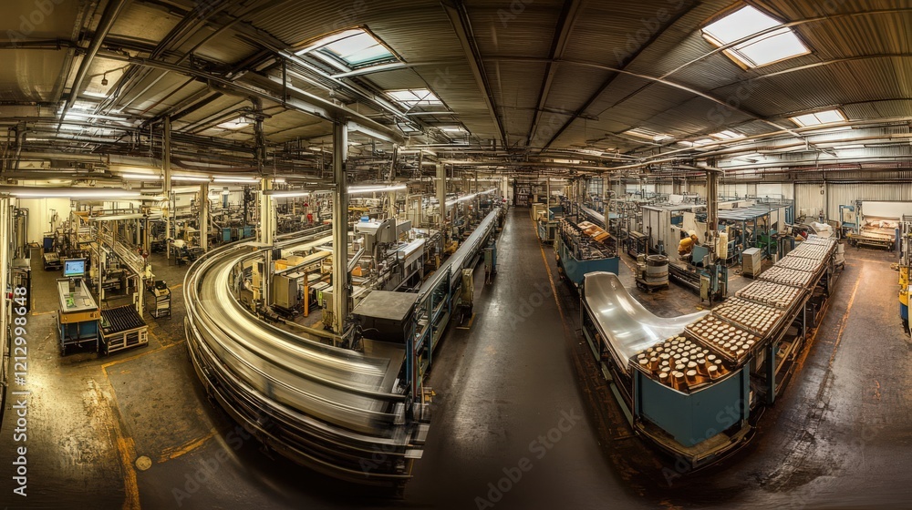 Poster a wide-angle shot of a factory floor with multiple production lines, each working on different produ