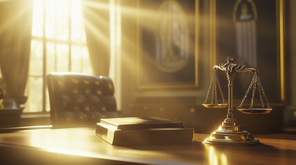 Golden scales justice. Gold, scales, glare, light room, rays, sun, scales. Rays of the sun streak through the room. Rays of the sun reflected in the glare of a room of gold lifestyle and scales. A.