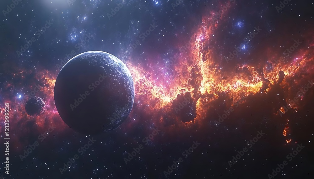 Poster a large planet and a smaller celestial body are seen against a backdrop of a vibrant nebula.