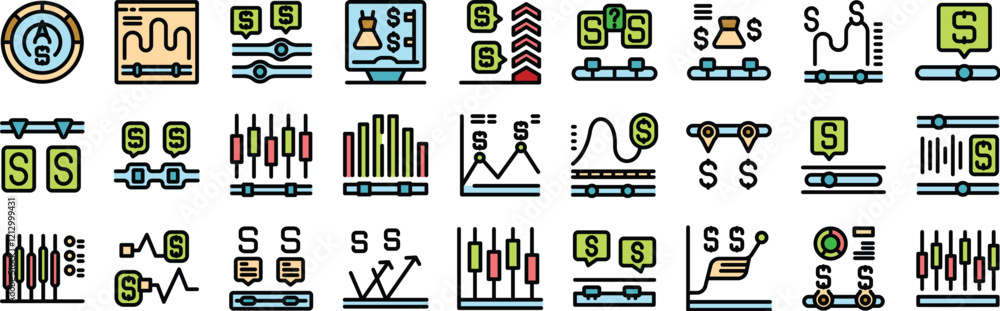 Poster automated systems managing finances, exploring icons of algorithmic trading and financial automation
