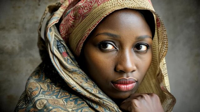 Portrait of a woman wearing a patterned scarf with a thoughtful expression against a textured background