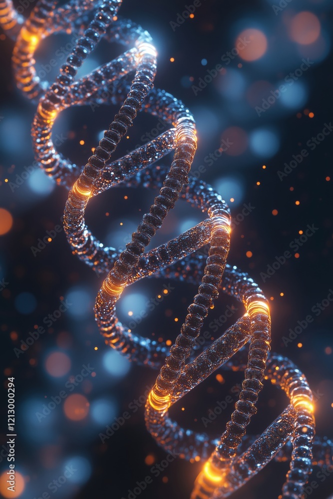 Poster dna helix structure with glowing elements and bokeh background, representing genetic information and