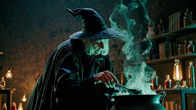 Witch preparing potion in a smoky kitchen at dusk
