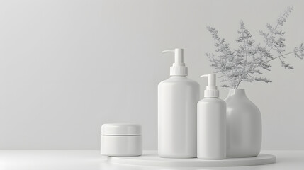 Minimalist display of white skincare products and delicate flowers on neutral background in contemporary setting
