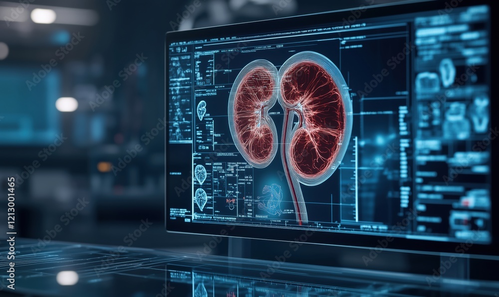 Poster 3d visualization of human kidneys with detailed anatomical and functional data on high-tech screen