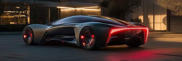 Futuristic sleek sports car design with illuminated rear lights, showcasing advanced aerodynamics and modern aesthetics in urban setting