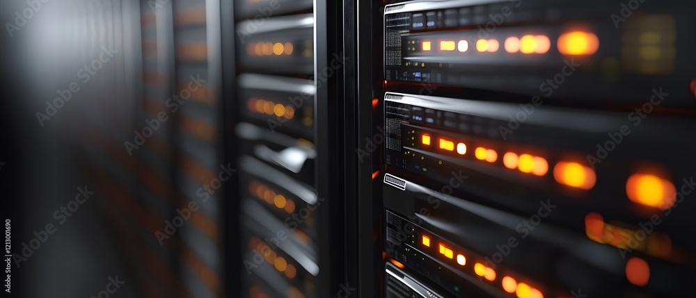 Poster a close-up shot of a modern server room showcasing multiple servers with glowing indicators, emphasi
