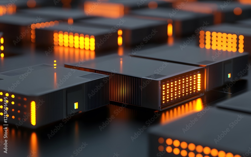 Poster a close-up shot of modern computer servers with glowing orange lights, showcasing advanced technolog