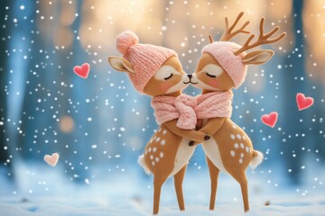 Fototapeta premium Two deer wearing scarves and surrounded by floating hearts in a snowy winter setting. Love and seasonal celebration concept.