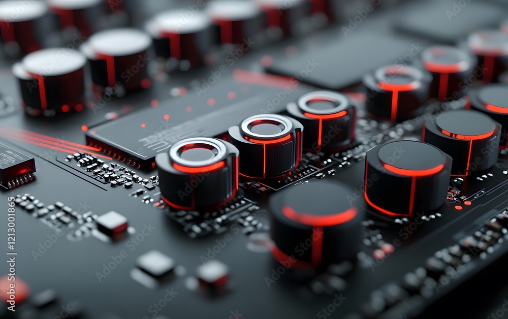 Aufkleber a close-up view of a modern electronic circuit board with black and red components, showcasing intri