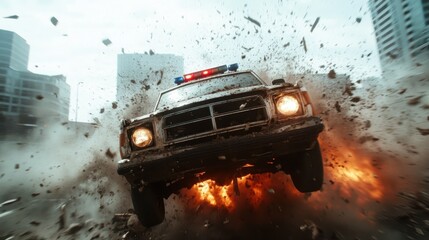 Obraz premium A police car leaping over debris and flames in an explosive urban environment, embodying the thrill and danger of high-speed chases in modern city scenes, representing urgency.