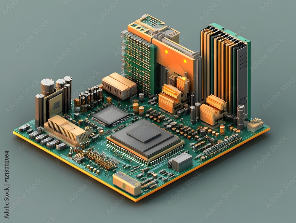 Poster a detailed view of a computer motherboard showcasing intricate components and circuitry, ideal for t