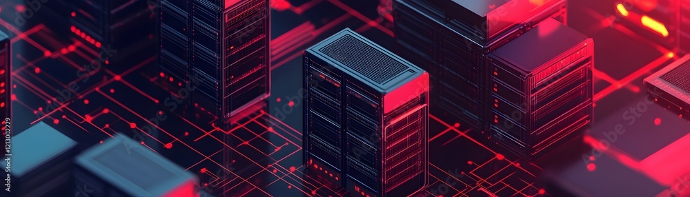Poster a dynamic digital landscape showcasing futuristic city structures intertwined with glowing red lines