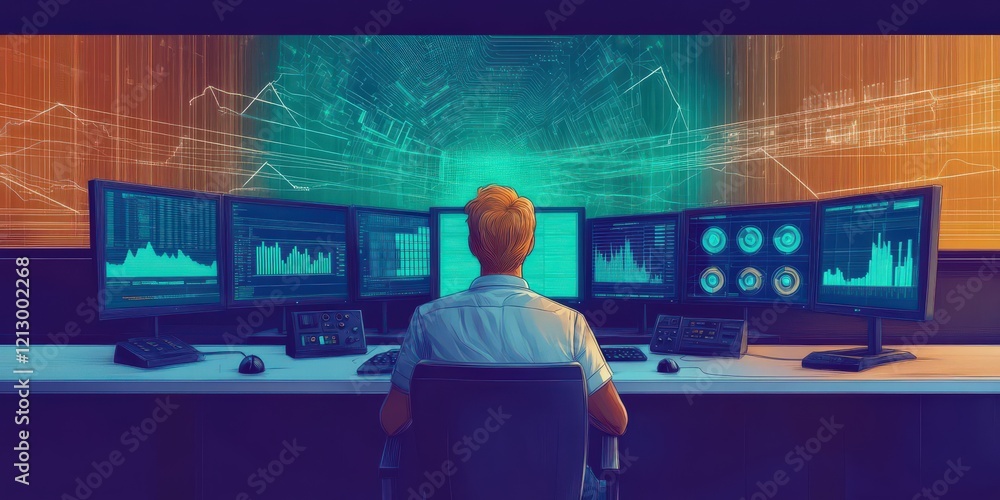 Poster person analyzing data on multiple screens in a modern workspace