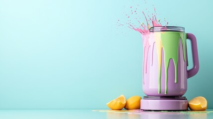 A colorful pitcher spills vibrant liquid in a stylish kitchen, blending elements of art and culinary creativity while creating an energetic and joyful atmosphere.
