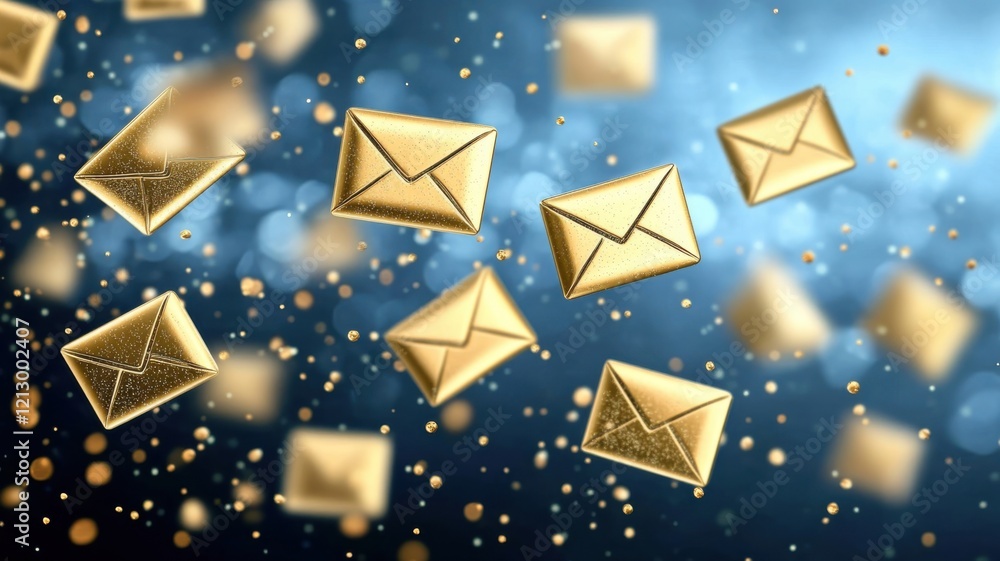 Poster golden envelopes floating in a dreamy background with sparkling elements during a magical evening