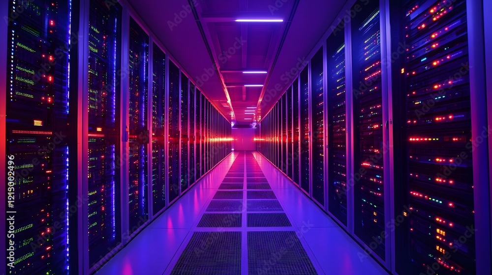 Poster a futuristic data center with rows of servers illuminated by colorful led lights. the high-tech envi