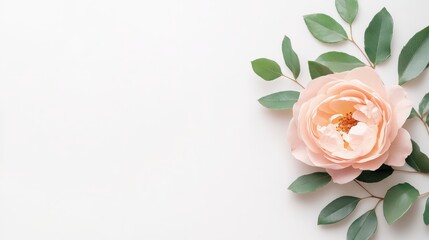 Fototapeta premium Peach Rose Blossom with Green Leaves on White
