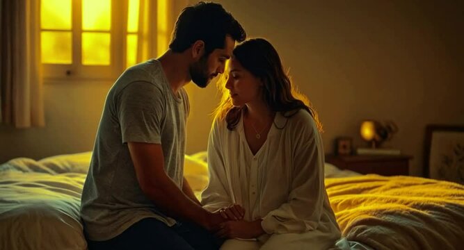 Young couple sitting in bed, holding hands and hesitation before first kiss, newly married couple romantic affection while morning golden sunshine coming through window honeymoon love generative AI